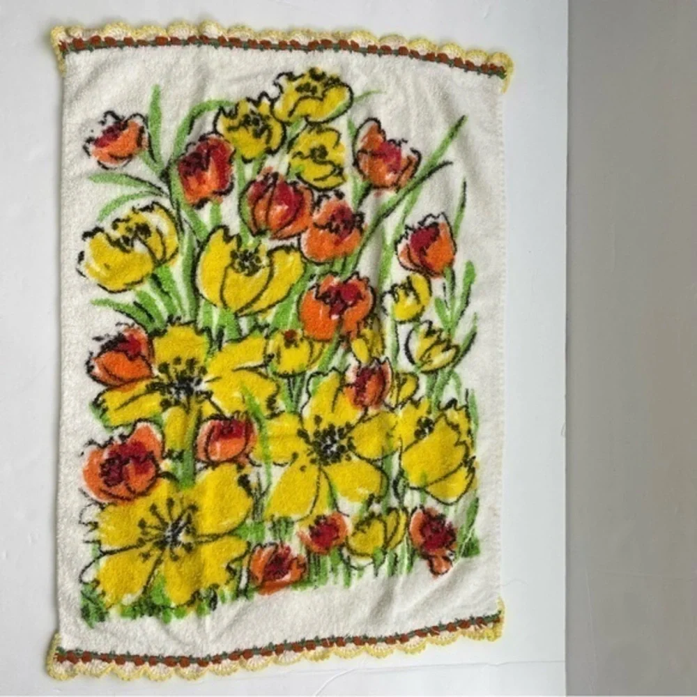 Yellow floral crochet trim‎ hand towel